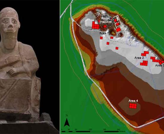 Left; The Statue of Idrimi found at Tell. Right; Map of Tell Atchana with excavation squares indicated (data courtesy of Alalakh Excavations Archive.) 	Source: Left; British Museum, CC BY-SA 2.0 FR Right; PLOS ONE