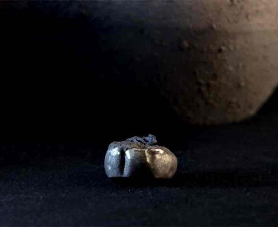 Archaeologists found a gold earring hidden inside a jar that had been placed in a wall at the Iron Age settlement called Tossal de Baltarga. 	Source: Marco Ansaloni/Frontiers