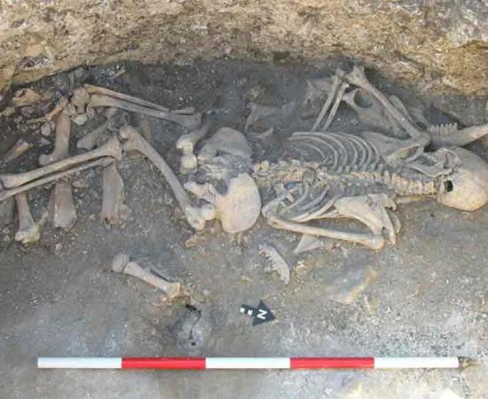 The iron age lady remains found in Dorset, England, was found lying on carefully arranged animal bones.	Source: Bournemouth University