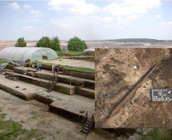 Main: View over the excavations in Schöningen in Germany. Inset: The ‘killing stick’ that was unearthed at the excavation site.           Source: Eberhard Karls Universität Tübingen