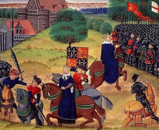 Wat Tyler on June 15th, being stabbed by William Walworth, the mayor of London, with King Richard II looking on. He was later decapitated and his head displayed on London Bridge for his involvement in what became known as Wat Tyler’s Rebellion. Source: Public domain