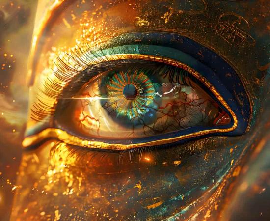 Close-up of a golden Egyptian eye featuring a glowing cosmic iris and shimmering sparks.