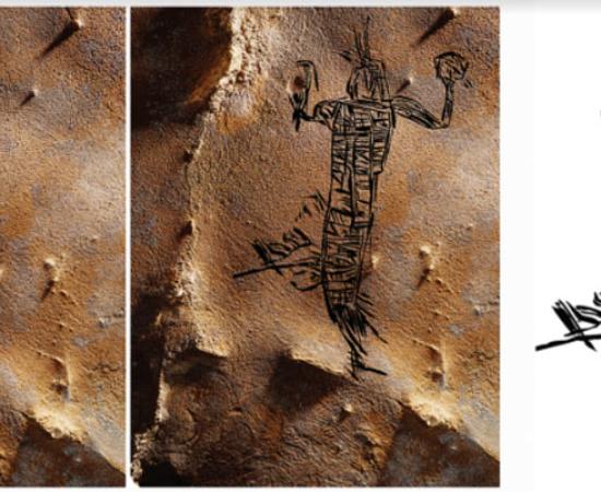 Anthropomorph in regalia (1.81 meters or 5.9 feet high) from 19th Unnamed Cave, which is now the largest Native American cave art site in southeastern North America.		Source: Photograph by S. Alvarez; illustration by J. Simek / Antiquity Publications Ltd.