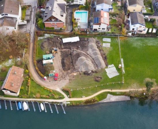Drone shot of the last Roman amphitheater ever unearthed in Kaiseraugst, Switzerland.		Source: Canton of Aargau