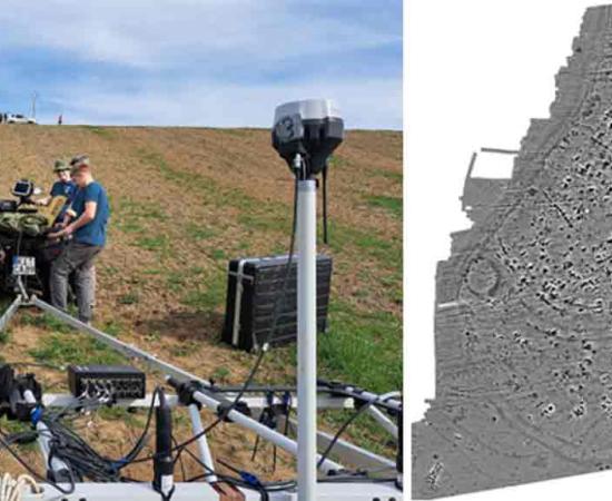 Left, Preparation of a geophysical survey during the field campaign in March 2024. Right; Geophysical survey of the previously unknown site of Jarkovac (Serbia).	Source:  Left; © Sebastian Schultrich/Cluster ROOTS Right; © Cluster ROOTS/Museum of Vojvodina Novi Sad/National Museum Zrenjanin/National Museum Pančevo