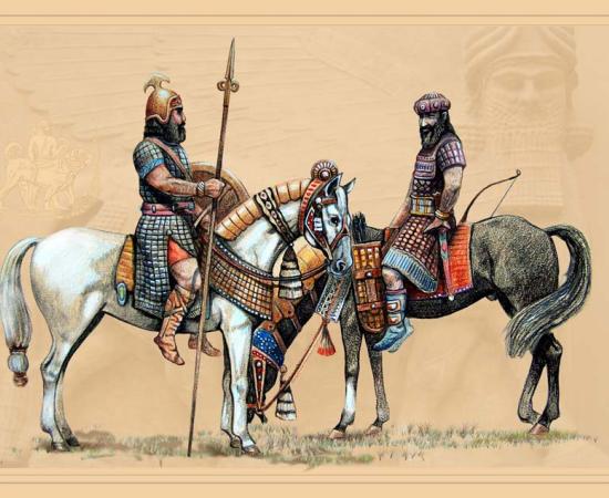 This handmade historical illustration shows Neo-Assyrian riders wearing their distinctive leather armor in ancient Mesopotamia.		Source: Lunstream / Adobe Stock
