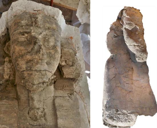 Fragments of a colossal pair of limestone statues depicting Pharaoh Amenhotep III as a sphinx have been found at an ancient Egyptian temple in Luxor. Source: Ministry of Tourism and Antiquities