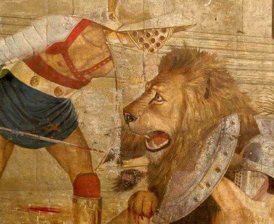Painting of gladiator vs. lion combat in the Roman Colosseum.