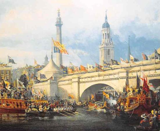 The Opening of the New London Bridge (completed in 1831) by George Chambers. Source: Public domain
