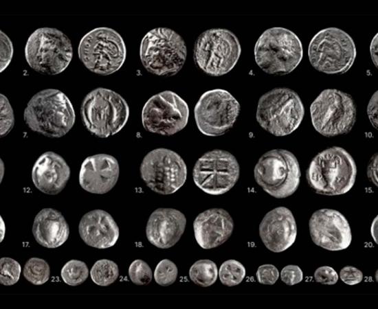 A selection of 29 rare Greek coins recently unearthed at ancient Tenea, Corinth, Greece.	Source: Greek Ministry of Culture