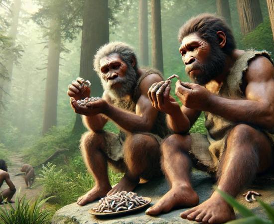 AI-generated image of two Neanderthals chowing down on delicious maggots