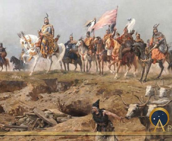 Grand Prince Árpád crossing the Carpathians.Árpád Feszty's cyclorama titled the Arrival of the Hungarians. by Feszty vezerek (1892) (Public Domain)