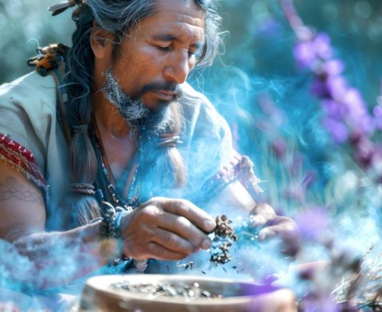 AI image of male shaman using herbal medicine for spiritual healing and sacred rituals.