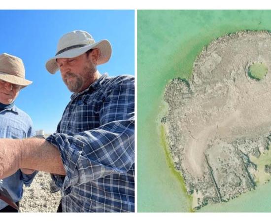 Professor Robert Carter (right side of left image), leader of the British team that determined that Bahrain’s Al Sayah Island (right image) is an ancient artificial man-made island.                 Source: Arkeonews