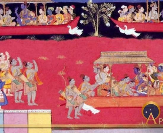 Pushpaka vimana depicted three times, twice flying in the sky and once landed on the ground.(Public Domain)