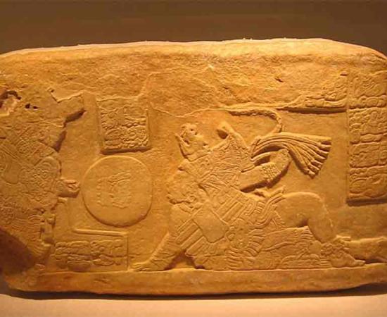 A limestone panel depicting two Maya Mesoamerican ballgame players. Usumacinta River area, Guatemala.  Source: Ada Turnbull Hertle Fund; Art Institute Chicago/CC BY 3.0