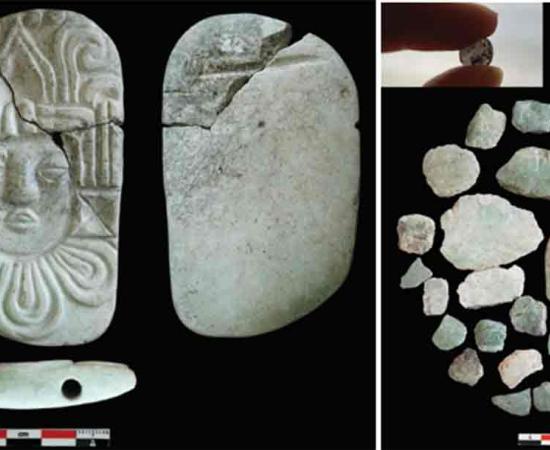 Left; Carved pendant plaque of a human head from the burial. Right; Jade Mask in fragments. Source: C. Halperin/Antiquity