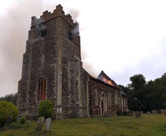 : The blaze at the medieval church in Wimbotsham. Source: Norfolk Fire & Rescue Service / Facebook.