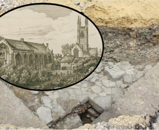 Ruins of the medieval friary found under the car park. (Cotswold Archaeology) "The White Friars and Church of St. Mary de Crypt in Gloucester" drawn and etched by Samuel Lysons. (ancestryimages.com)