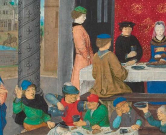 Representation of a medieval hall - The Temperate and the Intemperate: Miniature from Valerius Maximus, Faits et dits mémorables des romains, translation by Simon de Hesdin and Nicolas de Gonesse of Facta et dicta memorabilia, about 1475–1480. Source: Master of the Dresden Prayer Book /Getty