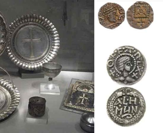 Left; Byzantine silverware, Right; Medieval silver coins from the study.	Source: Left; Johnbod/CC BY-SA 4.0, Right; Antiquity Publications Ltd