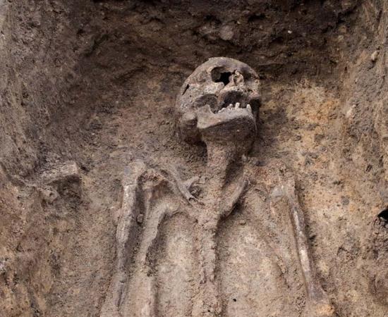 Archaeological excavation with skeleton, representational image only