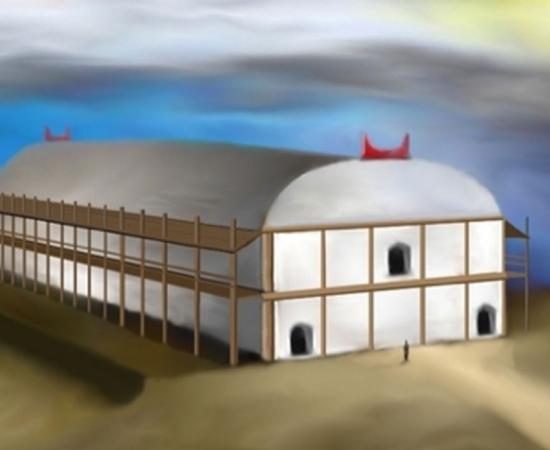 Reconstruction of the Temple from Nebelivka, Ukraine. c 4000 BC Trypillian (Danube) civilization. 60x20m size. Based on information from "Temple on Nebelivka mega-site: reconstruction" by Nataliia Burdo, Mykhailo Videiko, Institute of Archaeology NAS of Ukraine, Kyiv. Source: Kenny Arne Lang Antonsen/CC BY SA 4.0