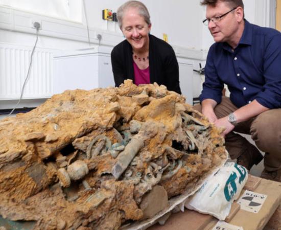 Tangled block of Iron Age artifacts from Melsonby Hoard, removed en mass to be studied in a laboratory.