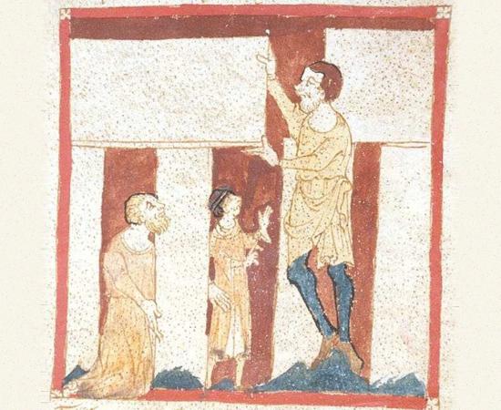 Medieval manuscript painting of a giant setting a lintel on two upright stones of Stonehenge while Merlin and another figure look on