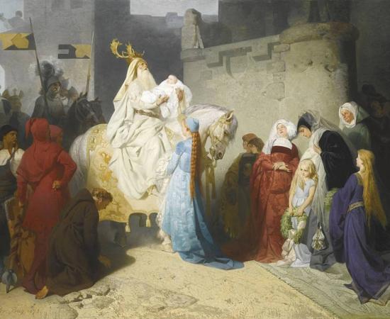 Painting by Emil Johann Lauffer (19th century). Merlin presenting the future king Arthur (while wearing a headdress that feature’s a shaman’s horns).