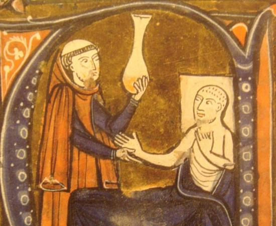 Illustration of a monk tending to a sick patient.