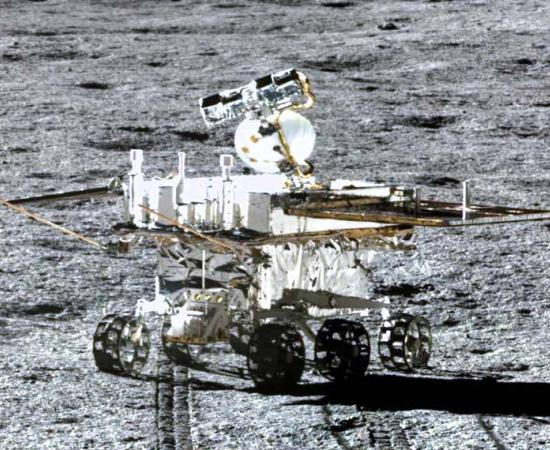 China's Yutu-2 moon rover on the surface of the moon as photographed by the Chang'e-4 lander. 		Source: CSNA / Siyu Zhang / Kevin M. Gill / CC BY 2.0