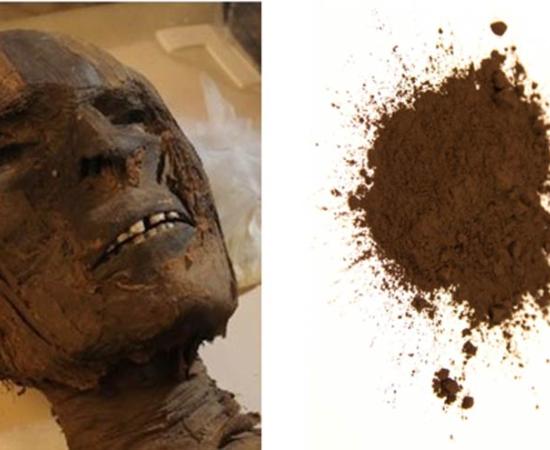 Left: An unknown Egyptian mummy.  Right: Modern equivalent of Mummy Brown pigment. Source: michal812 / Adobe Stock