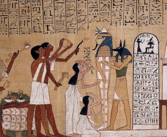 The Egyptian mummification process, with the god of mummification Anubis attending to the body. Extract from the Papyrus of Hunefer, a 19th-Dynasty Book of the Dead (c. 1300 BC).