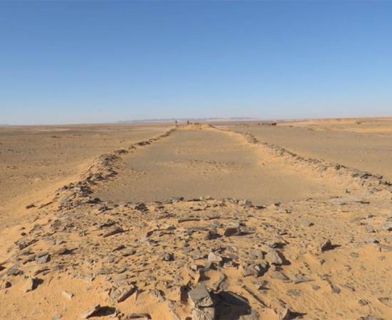 View along the length of a mustatil structure, note researchers at far end for scale. The image shows the character of these structures as two platforms connected by low walls.         Source: Huw Groucutt / Max Planck Institute