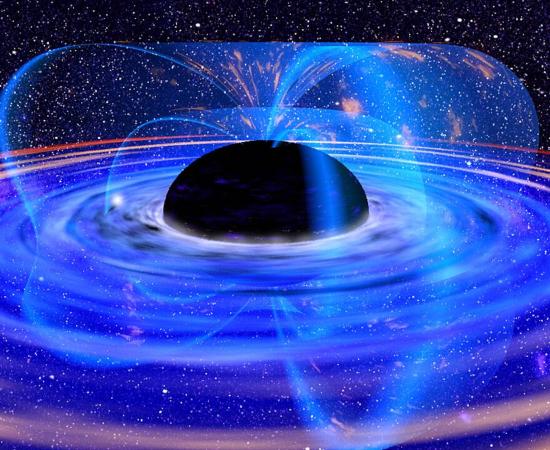 Artist’s conception of a spinning black hole, warping reality as predicted by Einstein’s theory of relativity.