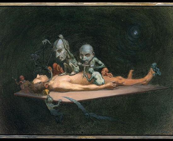 An unconscious naked man lying on a table being attacked by little demons armed with surgical instruments