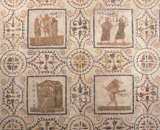 Mosaic with the months of the year, starting with the Roman first month March.