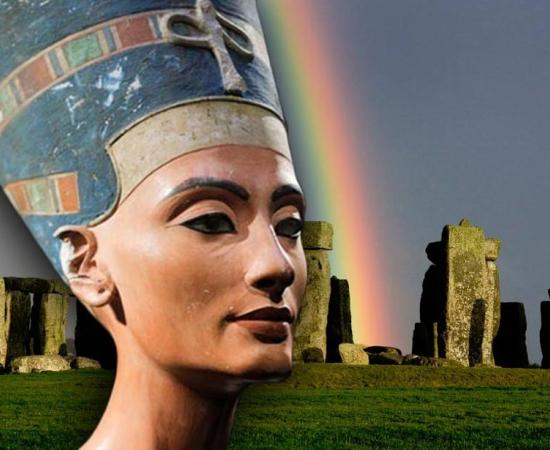 The iconic bust of Nefertiti, discovered by Ludwig Borchardt, is part of the Ägyptisches Museum Berlin collection, currently on display in the Altes Museum. (The Red List), Stonehenge with a rainbow.
