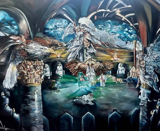 Oil On Canvas Painting Created by South African artist Davin Arries Depicting the Biblical events of Revelation Chapter 4 verse 1 to 11 