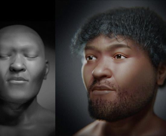 Two digital faces of Nazlet Khater 2: a gray bust with closed eyes and a color version with short dark hair and a beard
