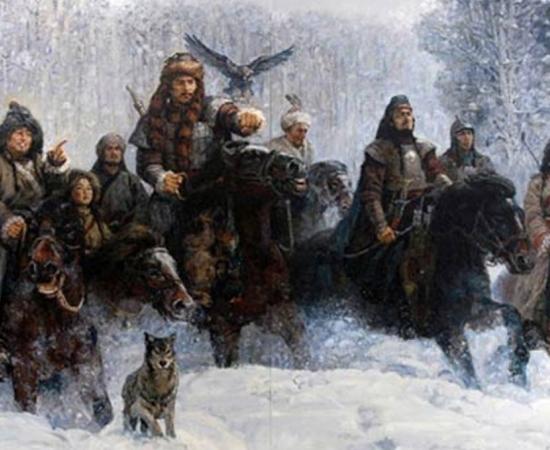 A painting depicting the nomadic Xiongnu people of Mongolia.