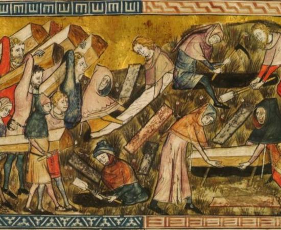  Painting by Pierart dou Tielt (1353) showing family members of plague victims burying the coffins of their loved ones, including their children.