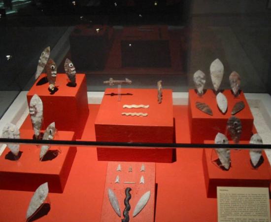 Obsidian objects and artifacts in the museum of the Templo Mayor of Tenochtitlan, including blades used for sacrificial purposes.