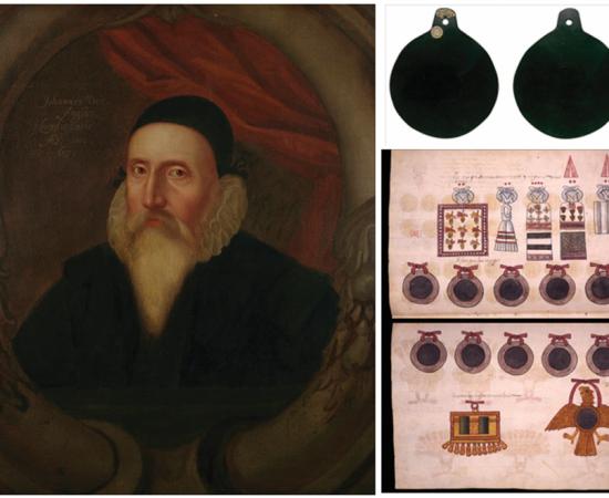 John Dee, his obsidian mirror and Aztec design of obsidian mirrors.	Source: Antiquity Publications Ltd