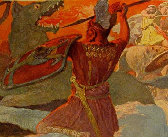 A scene from Ragnarök, the final battle between Odin and Fenrir and Freyr and Surtr, painting by Emil Doepler.