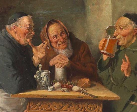 The world’s oldest brewery is located in Bavaria, Germany, established by Benedictine monks. Cellar scene with happy monks by Simony Jenson, 1904. Source: Public Domain