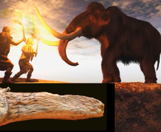 Prehistoric hunters. (anibal / Adobe Stock) Insert: The oldest known bone projectile point in the Americas. (Center for the Study of the First Americans, Texas A&M University)