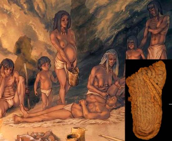 Artistic recreation of the use of Mesolithic baskets by a group of hunter-gatherers in the Cueva de los Murciélagos de Albuñol. (Moisés Belilty Molinos / CC BY ND) Insert: A pair of sandals discovered in the cave. (Martínez Sevilla, F. et al. / Science Advances)