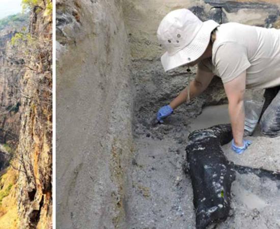 Left; Kalambo Falls, Zambia where the oldest wooden structure was found. Right: the excavation team uncovering the ancient wood.	Source: Left; Professor Geoff Duller/Nature, Right; Professor Larry Barham/Nature
